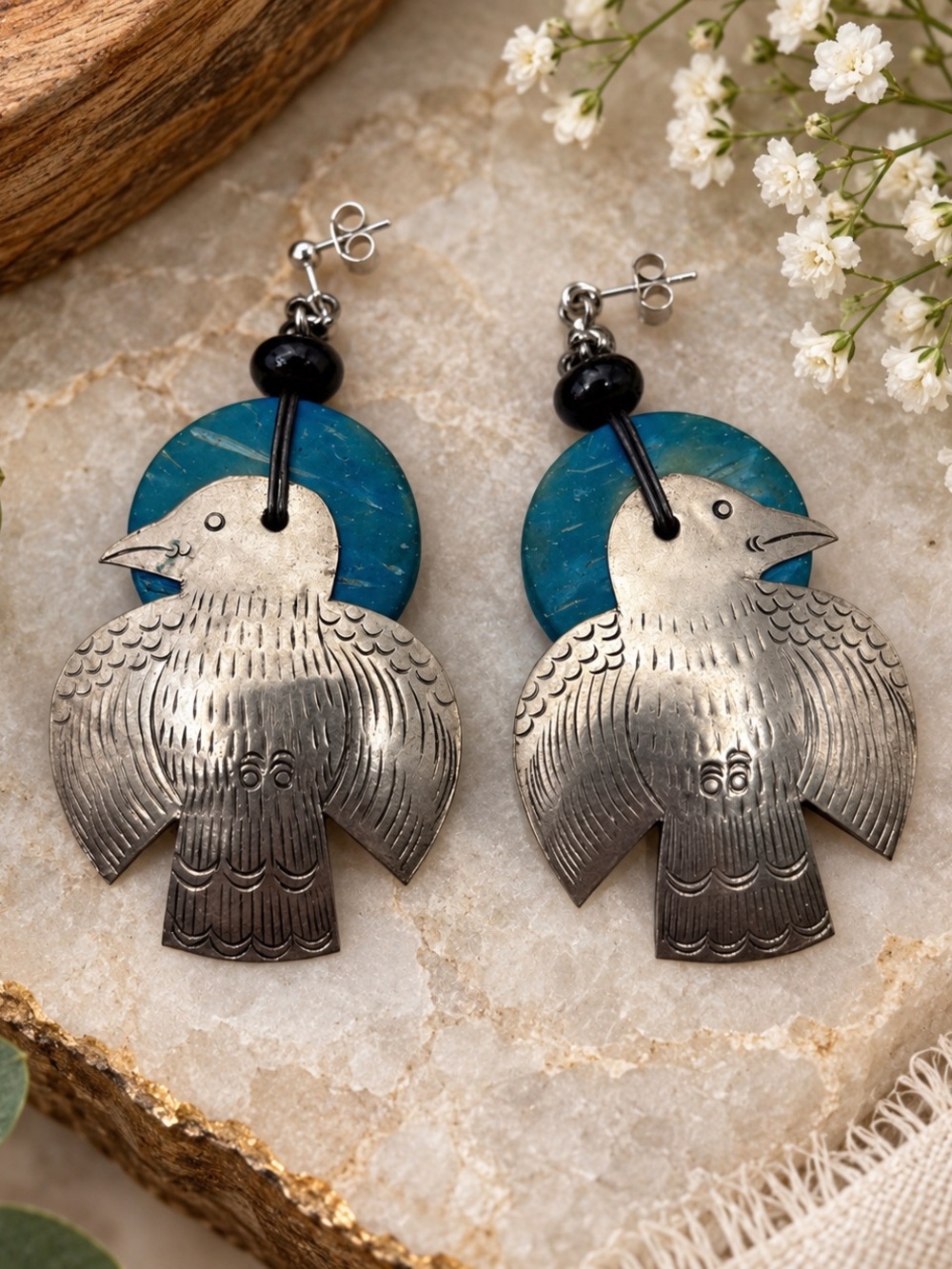 Boho Silver Bird & Turquoise Disk Dangle Earrings